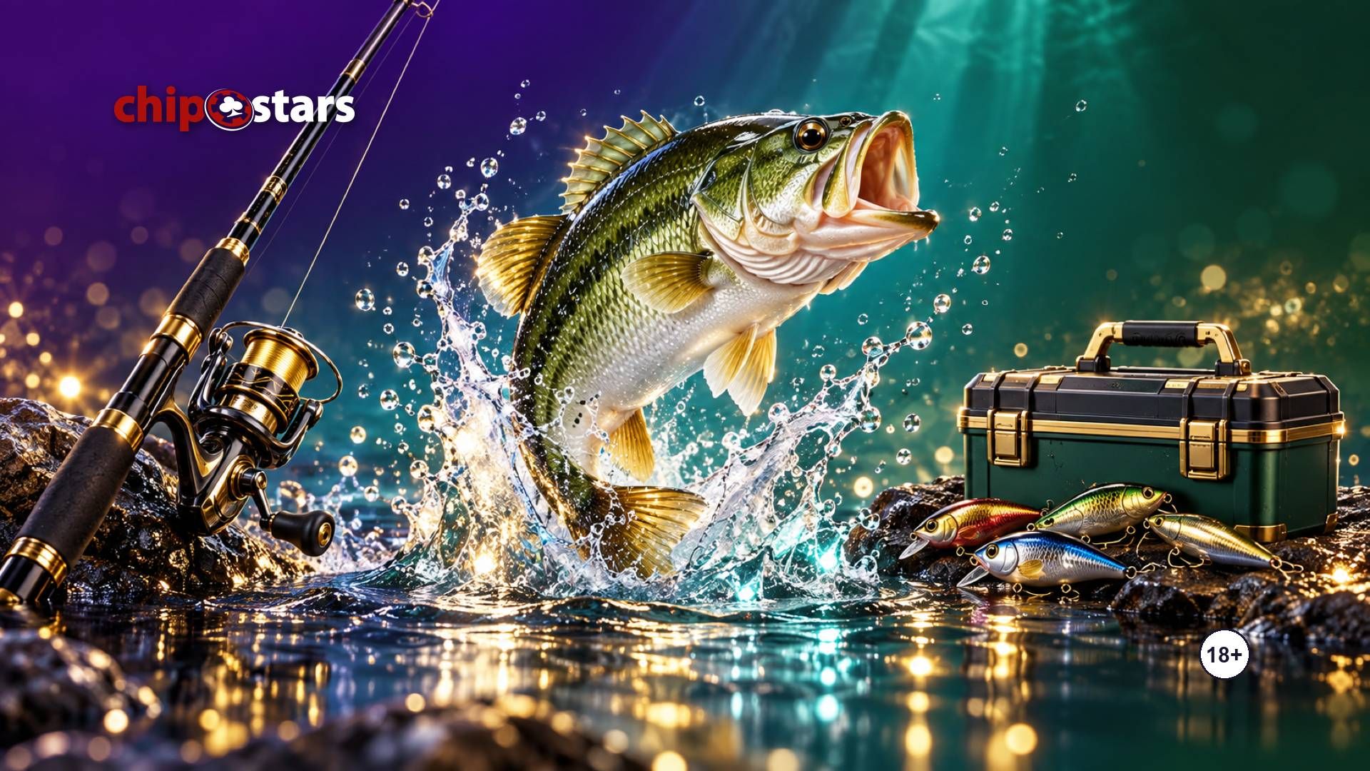 Bass leaping from a water splash beside a fishing rod and tackle box: Big Bass Splash slot review at Chipstars
