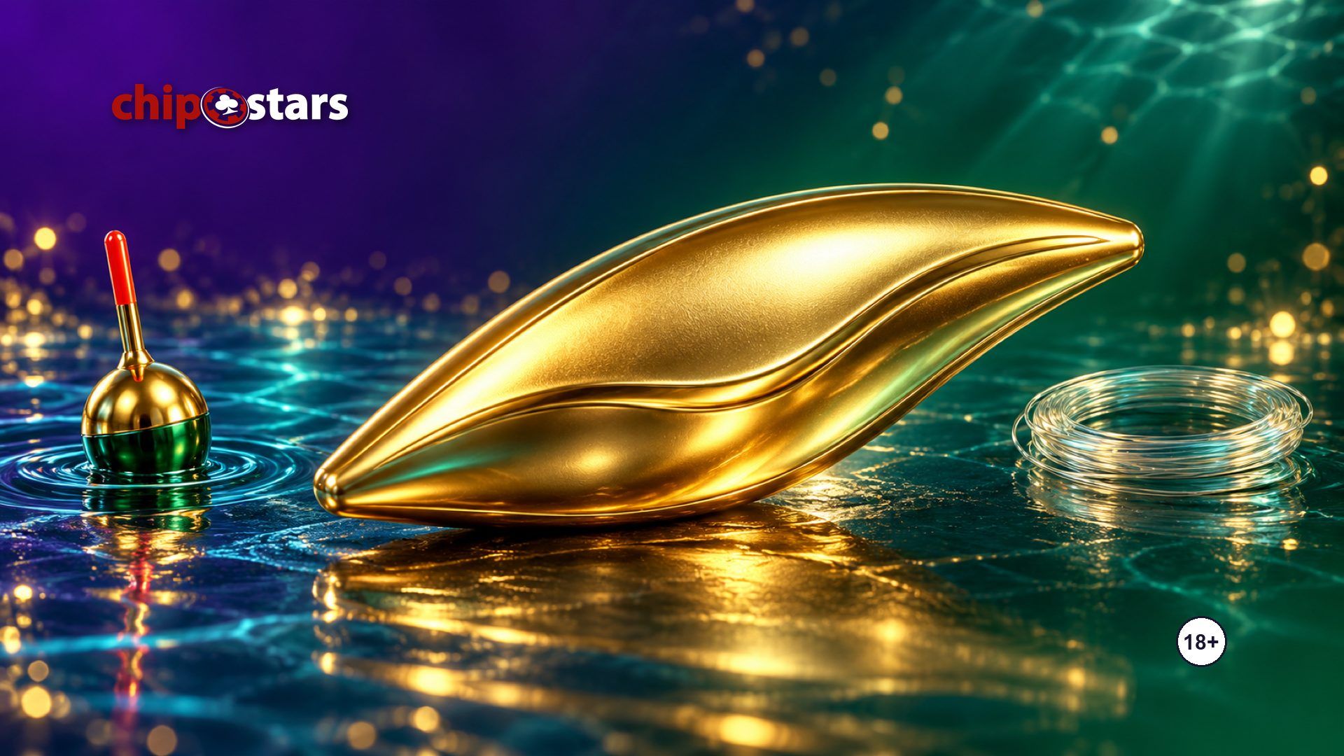 Golden fishing lure on water with a float and fishing line: Blast the Bass slot review at Chipstars