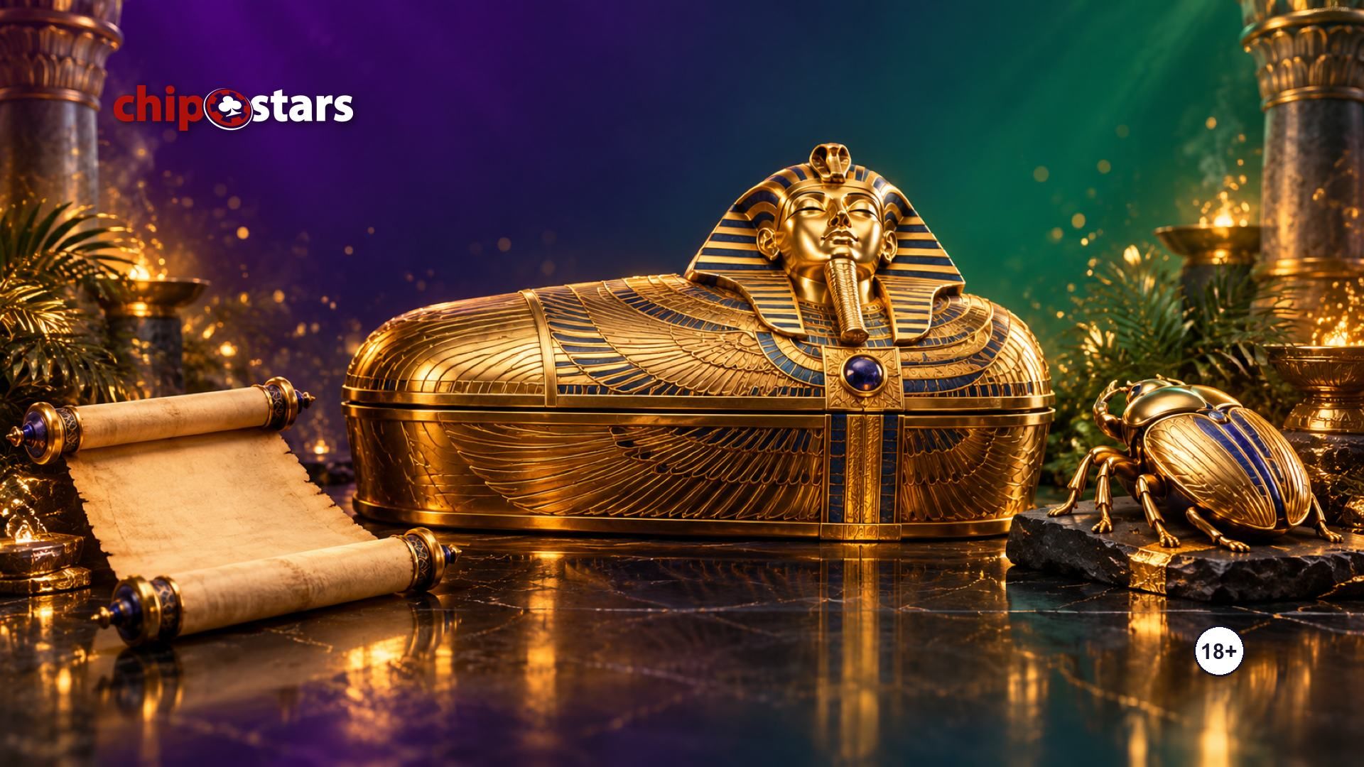Golden Egyptian sarcophagus with a scroll and a scarab: Legacy of Dead slot review at Chipstars